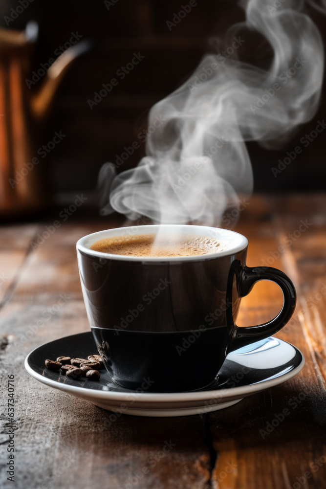 Cup of steamy hot black coffee with warm steam cloud in a white mug with vintage cafe ceramic jar on an old wood coffee shop counter table Cup of steamy hot black coffee with warm steam cloud in a white mug with vintage cafe ceramic jar on an old wood coffee shop counter table