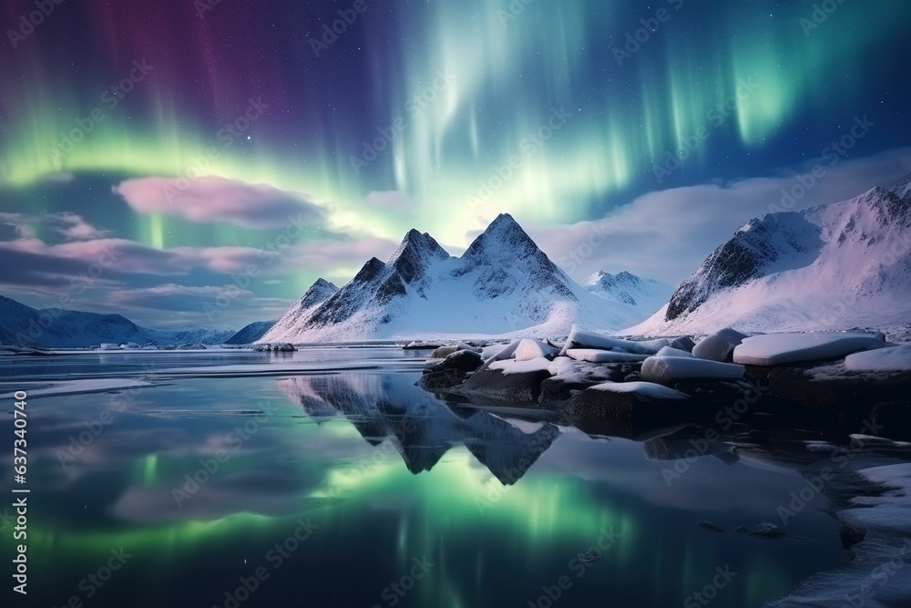 Winter landscape with reflection of aurora borealis on snowy mountains, frozen coast, water at night. Lofoten Islands, Norway. Aurora Borealis reflection in water ice. Starry Sky and Aurora