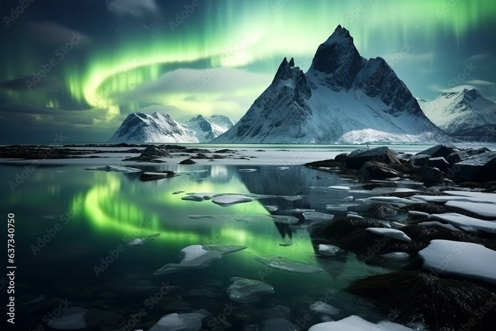 Winter landscape with reflection of aurora borealis on snowy mountains, frozen coast, water at night. Lofoten Islands, Norway. Aurora Borealis reflection in water ice. Starry Sky and Aurora - obrazy, fototapety, plakaty 