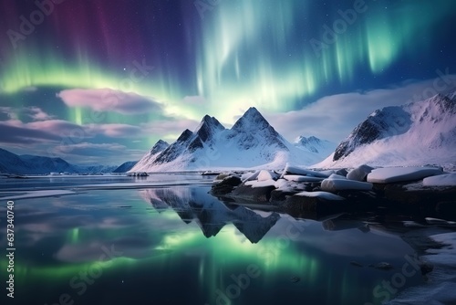 Winter landscape with reflection of aurora borealis on snowy mountains, frozen coast, water at night. Lofoten Islands, Norway. Aurora Borealis reflection in water ice. Starry Sky and Aurora