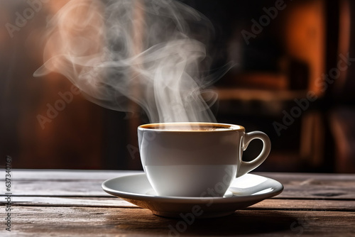 Cup of steamy hot black coffee with warm steam cloud in a white mug with vintage cafe ceramic jar on an old wood coffee shop counter table