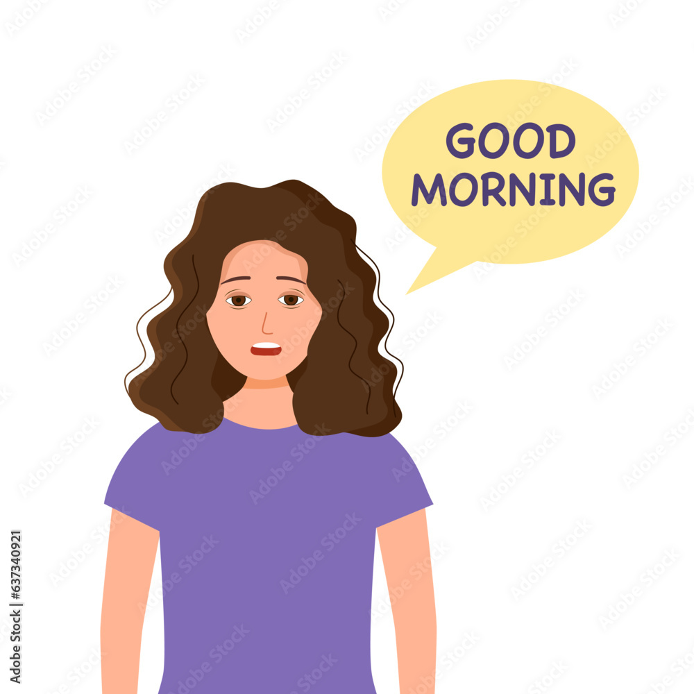 Tired woman say good morning in flat design on white background. Bad sleep.