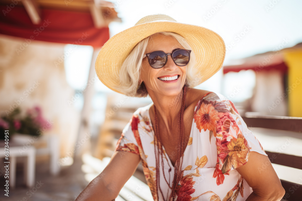 Mature woman wearing sunglasses enjoying her holidays. Generative AI.