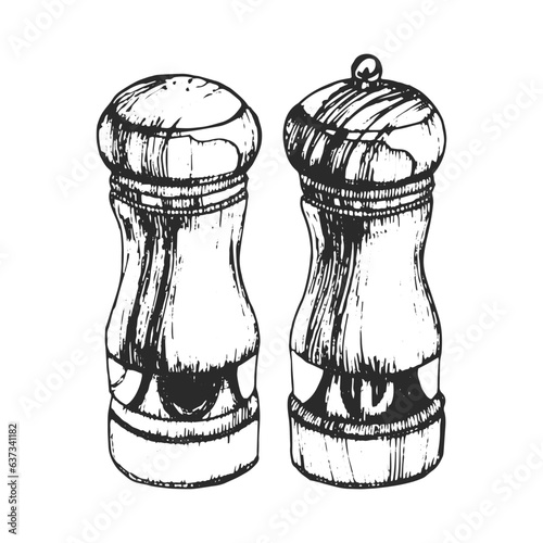 Hand-drawn illustration of Salt and Pepper Mills. Kitchen Tools. Vector. Ink drawing. 