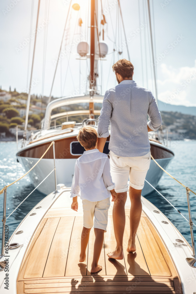 Back view of father and son family sailing on a luxury yacht