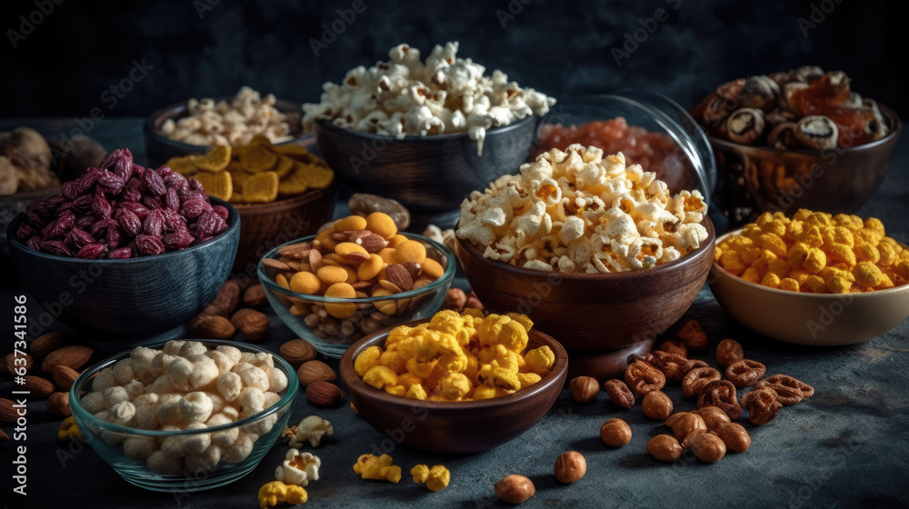 Set of different salty snacks - chips popcorn and nuts. Fast food background.
