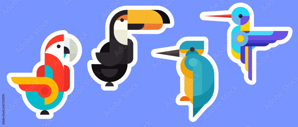 Naklejka premium Kingfisher, hummingbird, toucan, parrot. Set bright geometric sticker, patch or badge with birds in minimal mosaic fashion style. Collection simple retro design elements. Vintage vector illustration.