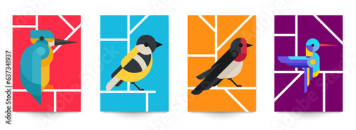 Set of minimal abstract geometric background with birds. Kingfisher, hummingbird, titmouse, swallow. Creative modern composition for banner, cover, poster, card. Vector bright vintage illustration.