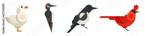 Set abstract geometric birds in modern fashion minimal art style. Duck, red cardinal, woodpecker, magpie. Cartoon bright concept design. Decorative bauhaus composition. Creative vector illustration.