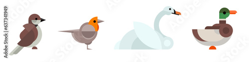 Set abstract geometric birds in modern fashion minimal art style. Duck, swan, sparrow, robin. Cartoon bright concept design. Decorative bauhaus composition. Creative vector flat illustration.