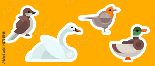 Duck, swan, sparrow, robin. Set bright geometric sticker, patch or badge with birds in minimal mosaic fashion style. Collection simple retro design elements. Vintage vector illustration.
