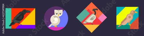 Set bright geometric sticker, patch or banner with birds in minimal mosaic fashion style. Raven, owl, hawk, vulture. Collection simple retro design elements. Vintage vector illustration.