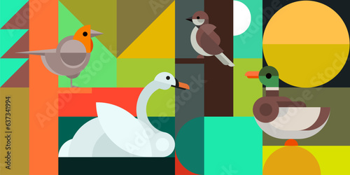 Geometric abstract background with birds in color flat minimal style. Duck, swan, sparrow, robin. Creative composition design banner. Bright bauhaus graphic design. Vector illustration.