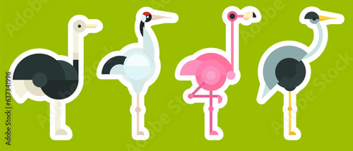 Ostrich  flamingo  heron  crane. Set bright geometric sticker  patch or badge with birds in minimal mosaic fashion style. Collection simple retro design elements. Vintage vector illustration.