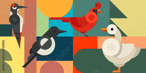 Geometric abstract background with birds in color flat minimal style. Duck, red cardinal, woodpecker, magpie. Creative composition design banner. Bright bauhaus graphic design. Vector illustration.