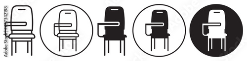 School Desk Chair Icon. Flat symbol of arm chair for student. Vector set of bench to sit while studying in collage classroom during lecture. Logo mark of wooden furniture in training room