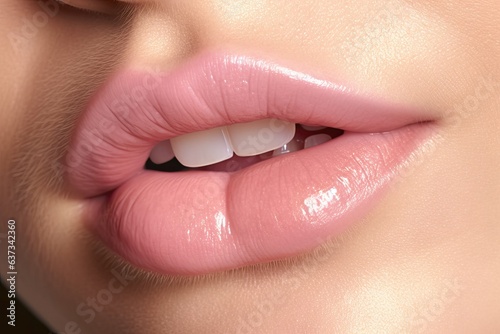 Lustrous glamour. Perfectly pink lipstick for radiant smile. Seductive sensations. Closeup of full shiny lips. Beauty redefined