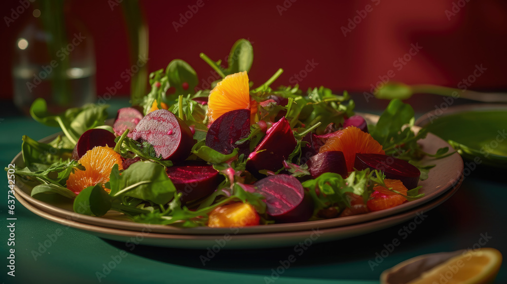 Seasonal vitamin salad orange beetroot and arugula in plate on pink background. Diet, healthy eating concept.