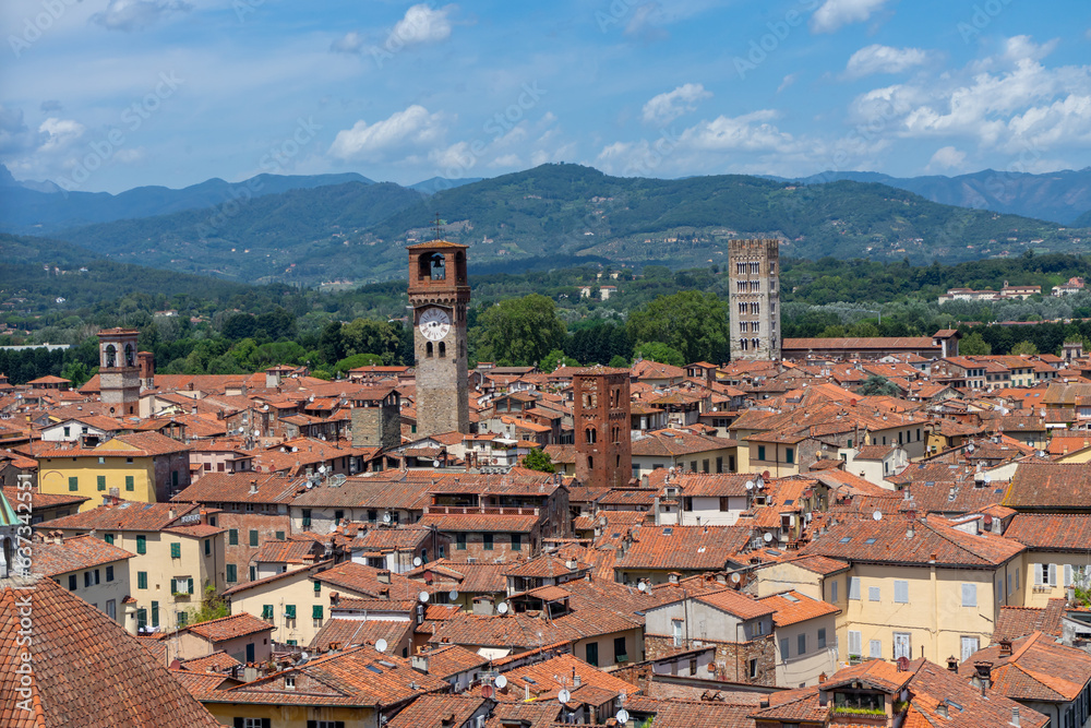 view of the old town of lucca, tuscany italy
