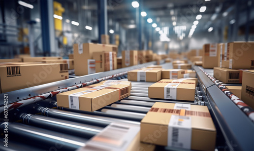 multiple cardboard box packages seamlessly moving along a conveyor belt in a warehouse fulfillment center