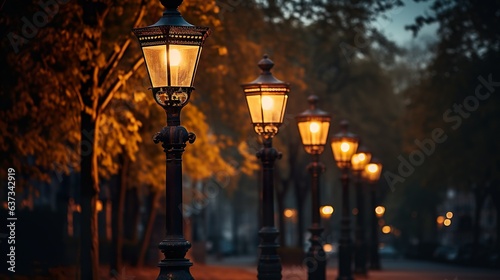 Street lamps in the night made with AI generative technology, Property is fictional