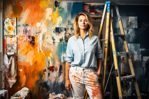 Self-confident painter proudly shows the abstract colorful result of her attempt to paint a room wall, made with generative ai