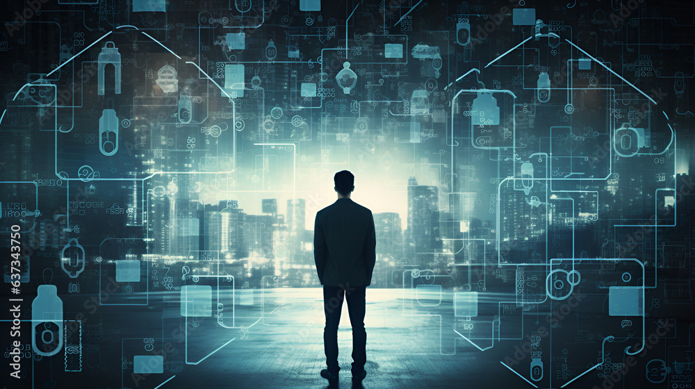 businessman touching screen analysing big data infrastructure businessman touching screen analysing big data infrastructure
