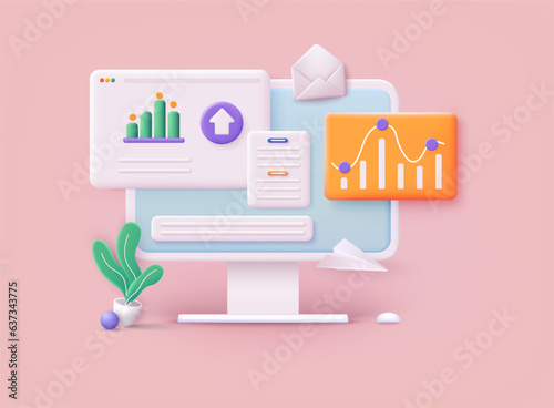 Data analytics, dashboard and business finance report. investment or website SEO screen PC concept. 3D Web Vector Illustrations.