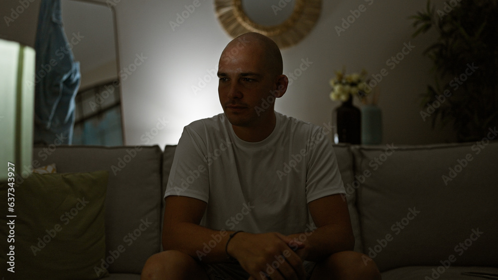 Young hispanic man sitting on sofa with serious expression at home Young hispanic man sitting on sofa with serious expression at home