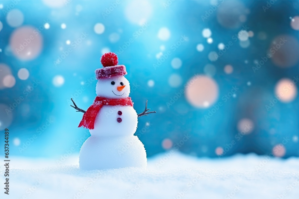 A cute snowman celebrating Christmas amid a winter wonderland, wrapped in falling snowflakes and a joyful blue background in blur.