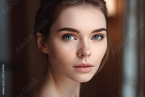 Charming portrait of a young woman. Her graceful features, accentuated by skillfully applied make-up, enhance her natural attractiveness. © Iryna