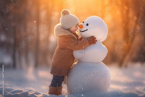 A frosty winter delight, a joyful snowman creation amid seasonal magic and falling snowflakes. © Iryna