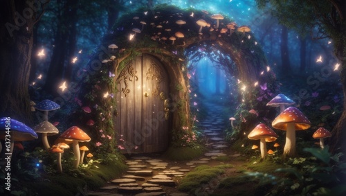  Mystical Forest Gateway  Explore a glowing secret door in an enchanting fairy tale woodland  revealing magic and wonder amidst fairytale butterflies and mushrooms. 