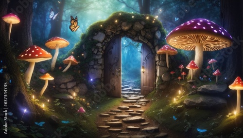 "Mystical Forest Gateway: Explore a glowing secret door in an enchanting fairy tale woodland, revealing magic and wonder amidst fairytale butterflies and mushrooms."