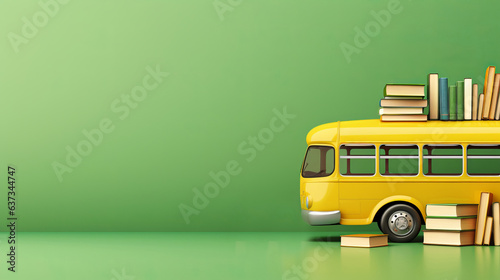 Yellow school bus and books on green copyspace background