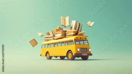Yellow school bus and books on green copyspace background
