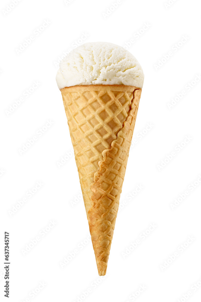 Vanilla ice cream in a sugar crispy waffle cone isolated. Transparent PNG image.