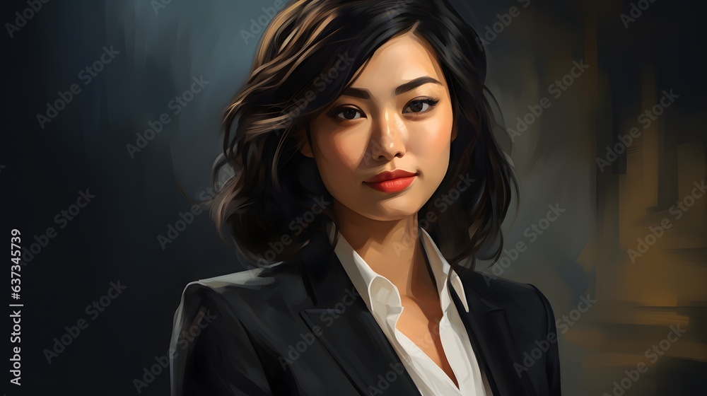 Photo of a stylish woman in a suit, digitally painted with vibrant colors and intricate details Photo of a stylish woman in a suit, digitally painted with vibrant colors and intricate details