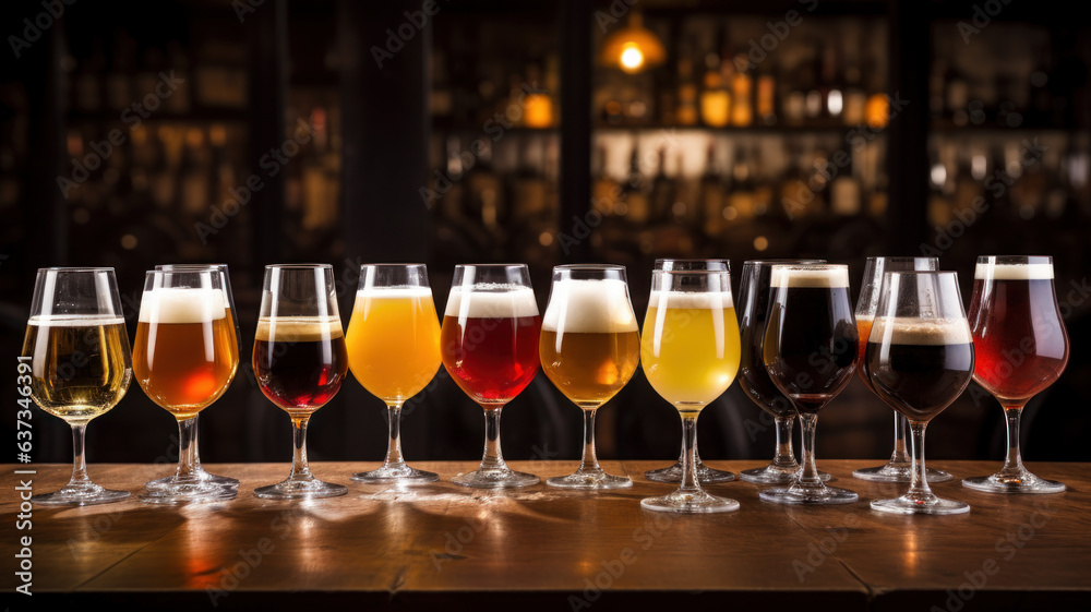 glass of different beers on bar table glass of different beers on bar table