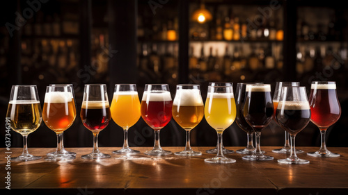 glass of different beers on bar table