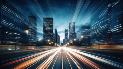 road in city with skyscrapers and car traffic light trails. infrastructure and transportation background
