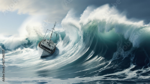 dramatic scene of a boat sailing on big waves
