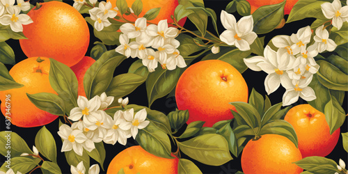 Orange Vintage background, pattern. Vector illustrations of oranges with flowers, leaves for poster, card or textile. Modern seamless pattern. Fashionable template for design or wedding invitations