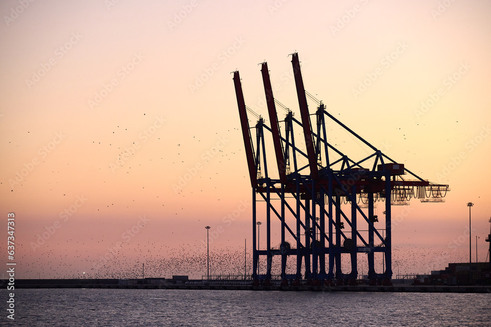 Harbor cargo cranes at sunset in Malaga port Spain