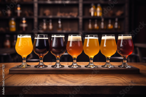 Glasses with craft beer on wooden bar. Tap beer in pint glasses arranged in a row. Closeup of glasses of different types of draught beer in a pub. Generative AI.