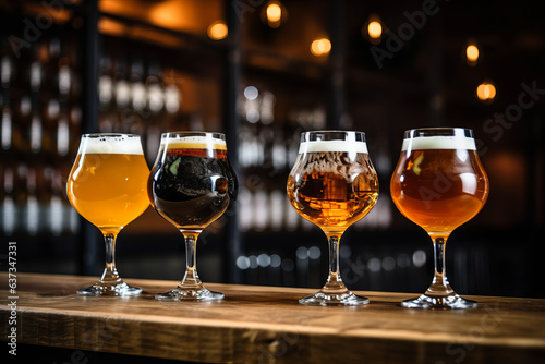 Glasses with craft beer on wooden bar. Tap beer in pint glasses arranged in a row. Closeup of glasses of different types of draught beer in a pub. Generative AI.
