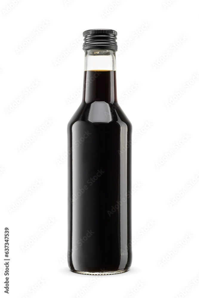 Dark black balsamic vinegar glass bottle isolated. Transparent PNG image.