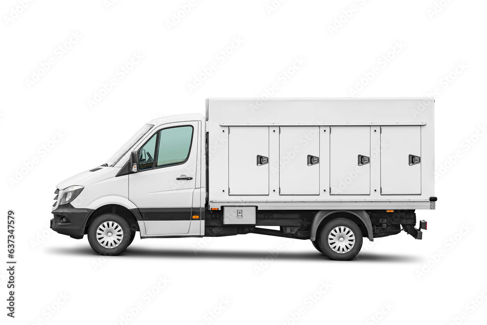 Ice cream delivery container truck. Refrigerated van isolated. Transparent PNG image.