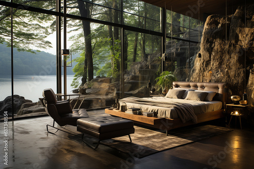 Luxury bedroom interior design with natural mountain view