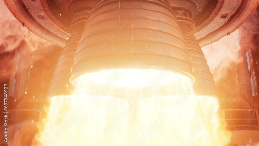 Close-up shot of Rocket Engine Ignition. Powerful and Hot Flames Burst out of the Nozzle after Initial Impulse. Space Exploration Rocket Launch.